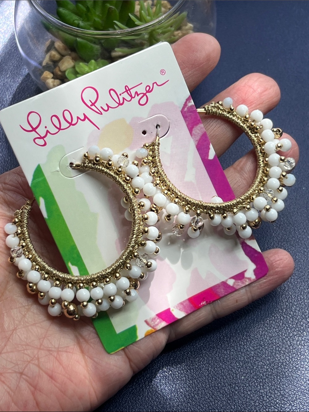 NWT Lilly Pulitzer Gold and White Beaded Hoop Earrings